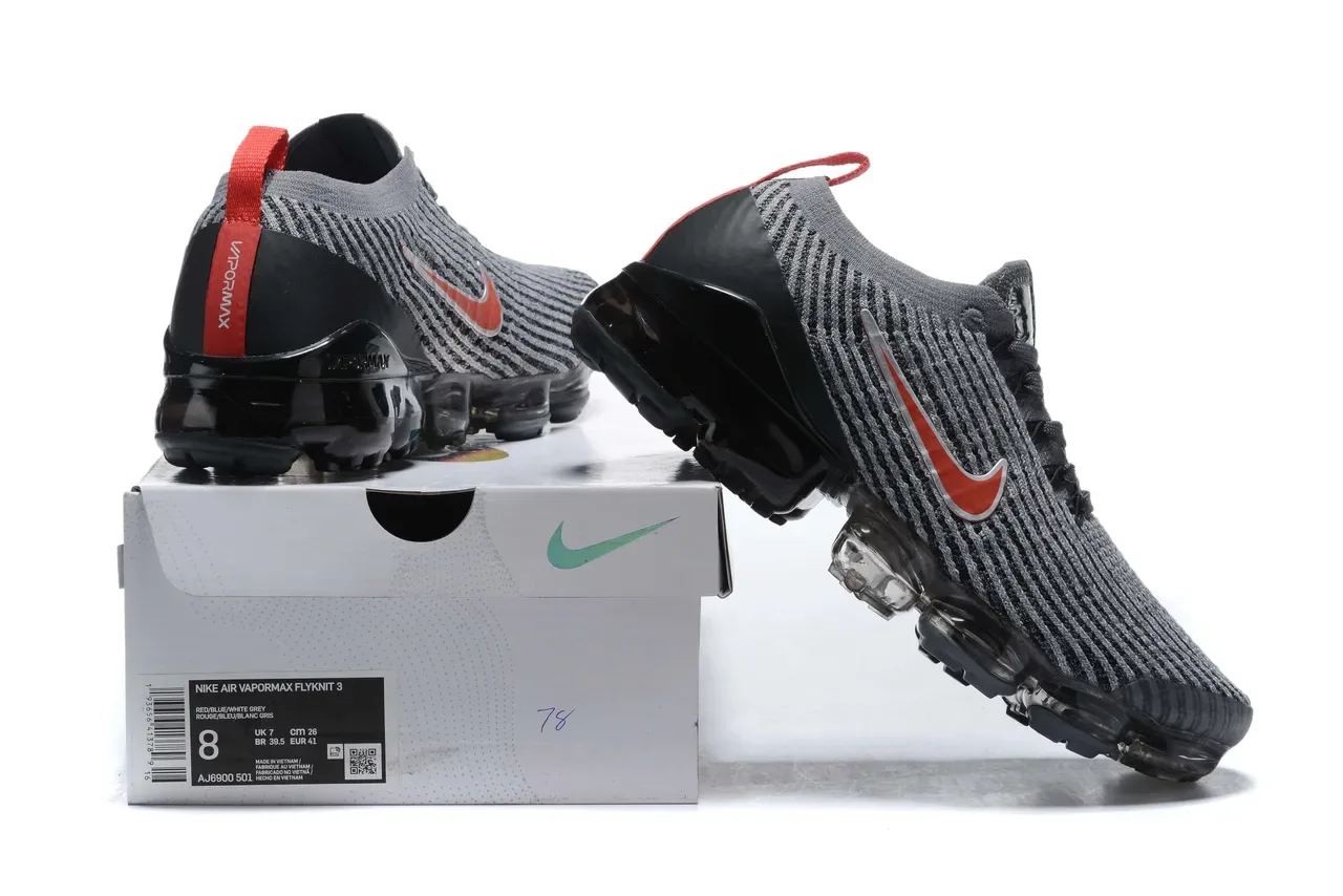 Nike Air VaporMax Flyknit Gray Black Red Lifestyle Sneakers 8