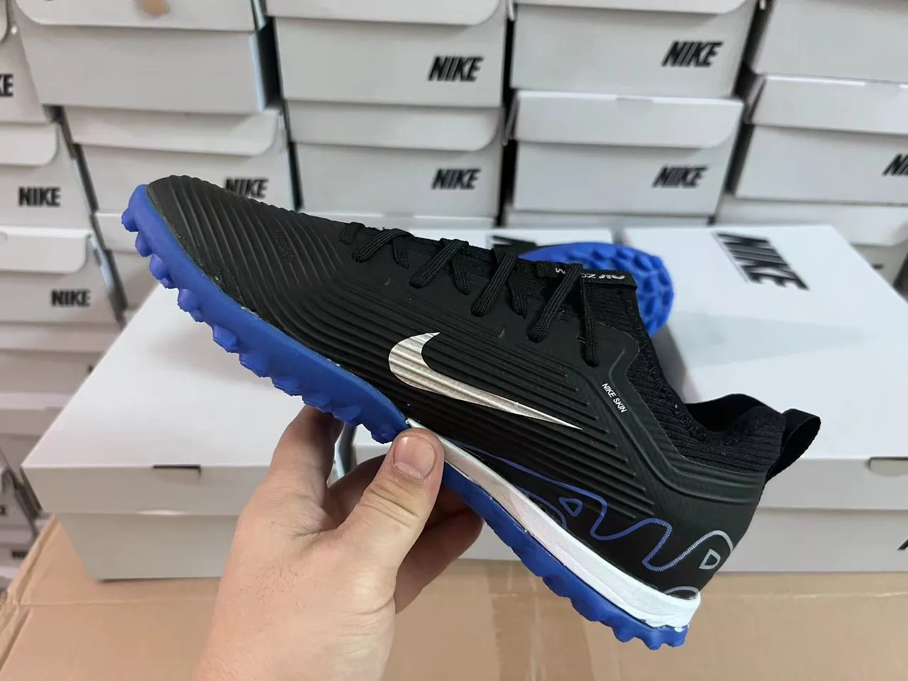 Nike Air Zoom Noir Bleu Bas Haut Synthétique Texturé Riboté Panneau du Metatarsien Chaussures de Football sur Herbe 15