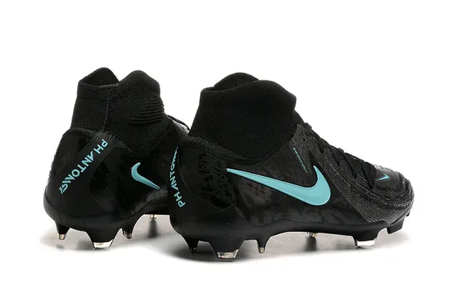 Nike Preto Azul Alto Malha Superior Ajuste Meia Tacos Gramado Firme Sapatos de Futebol 2