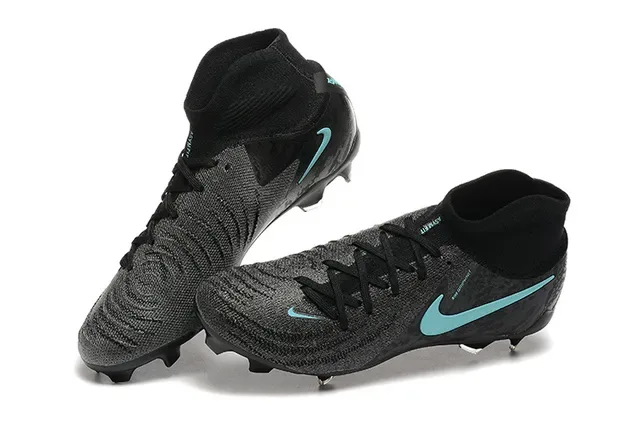 Nike Preto Azul Alto Malha Superior Ajuste Meia Tacos Gramado Firme Sapatos de Futebol 3