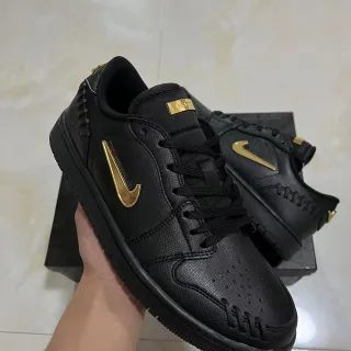 Nike Black Gold Textured Leather Upper Metallic Swoosh Lifestyle Sneakers