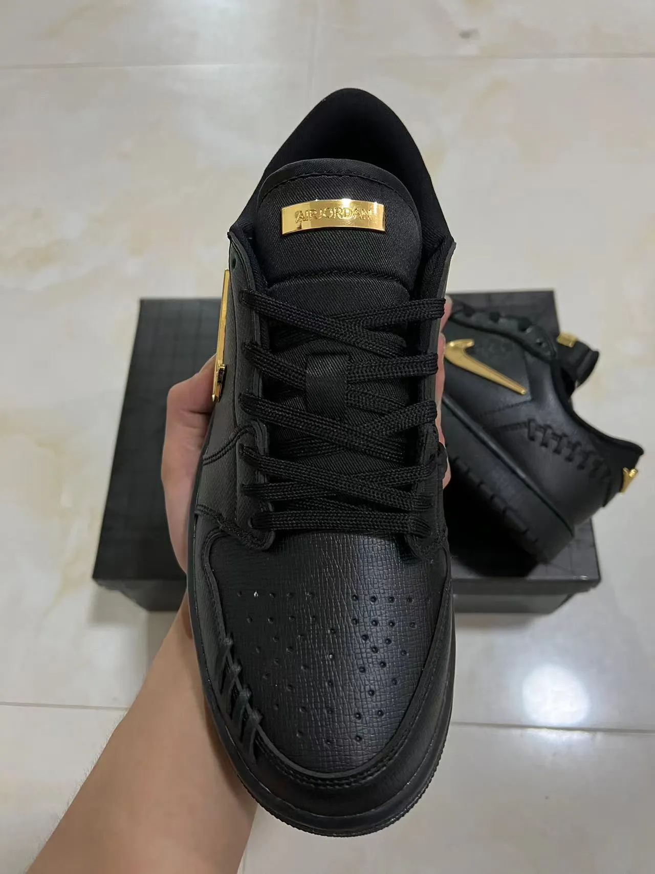 Nike Black Gold Textured Leather Upper Metallic Swoosh Lifestyle Sneakers 2