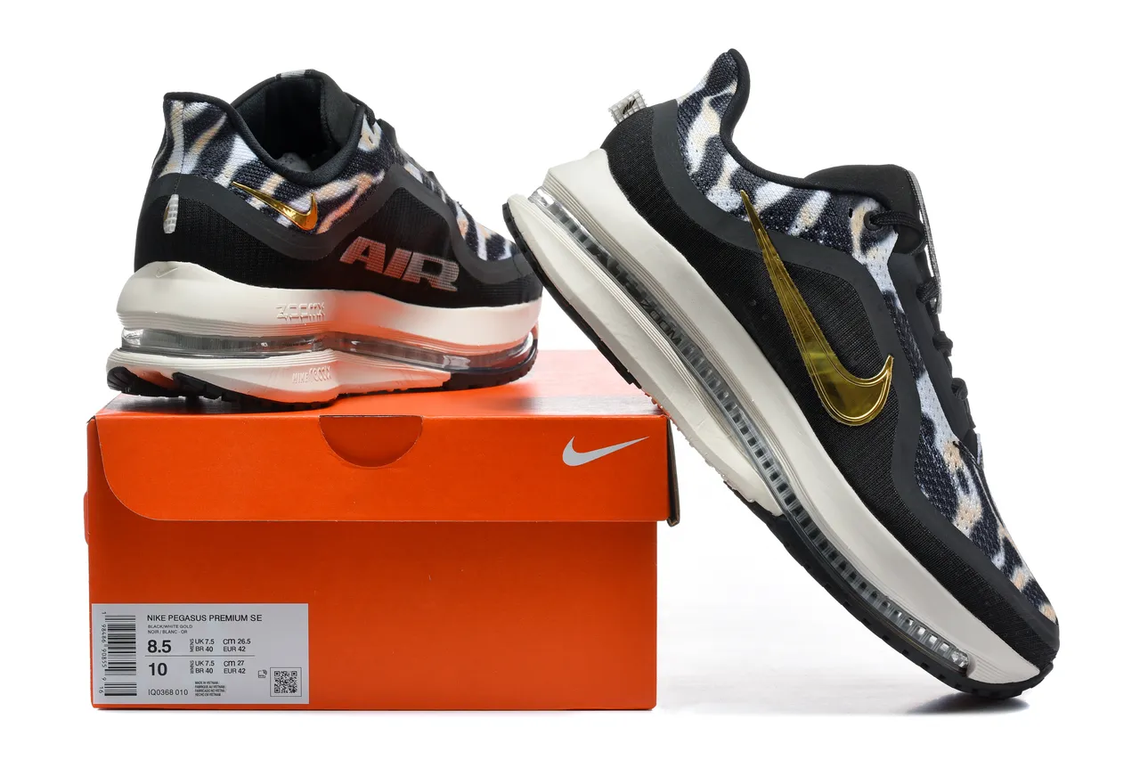 Chaussures de course Nike noir et or imprimé zébré en textile supérieur Swoosh métallique 3