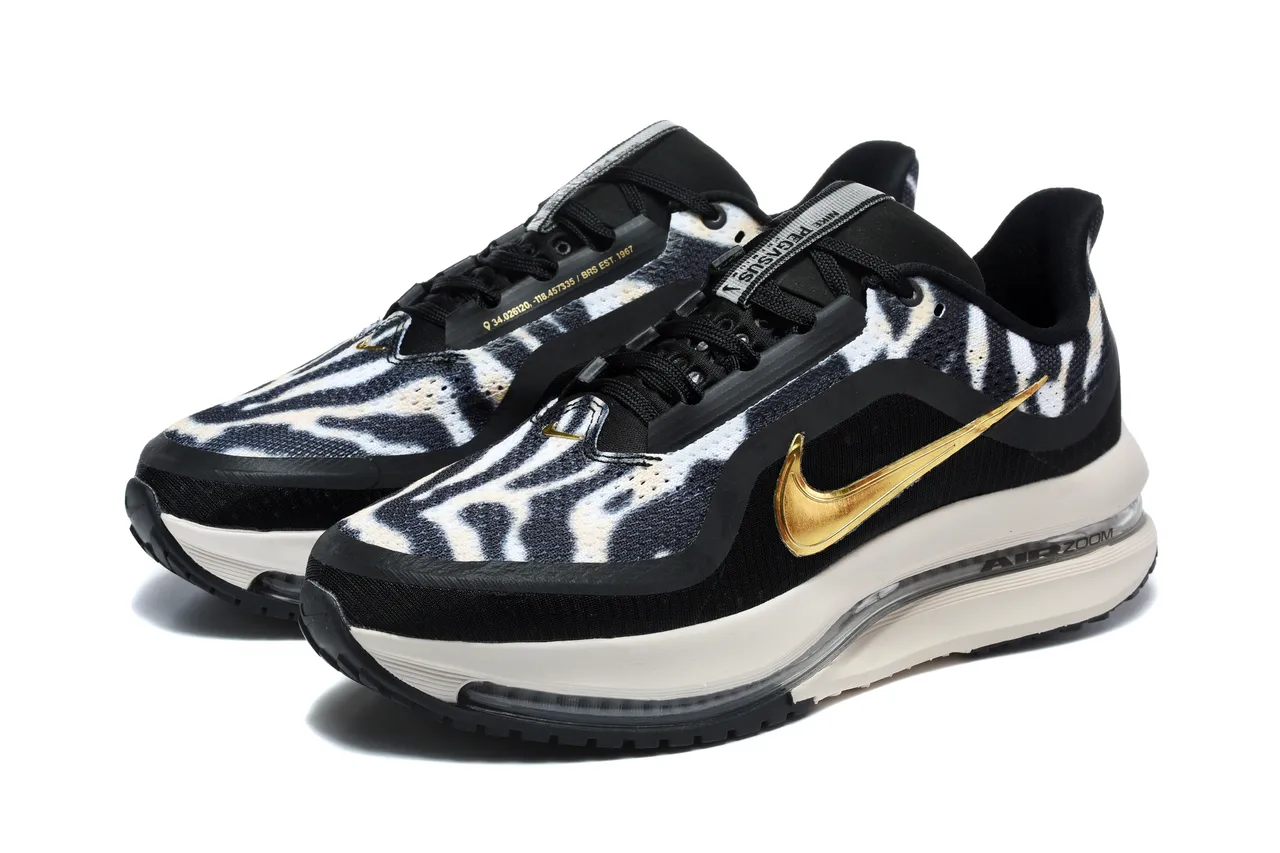 Chaussures de course Nike noir et or imprimé zébré en textile supérieur Swoosh métallique 4