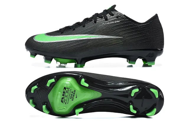 Nike Black Green Low-Cut Flyknit Upper Textured Synthetic Overlay Firm-Ground Soccer Shoes 9