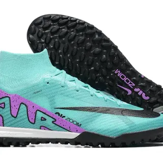 Nike Zapatos de fútbol azul púrpura de corte alto de punto botín con suela de tachuelas para césped