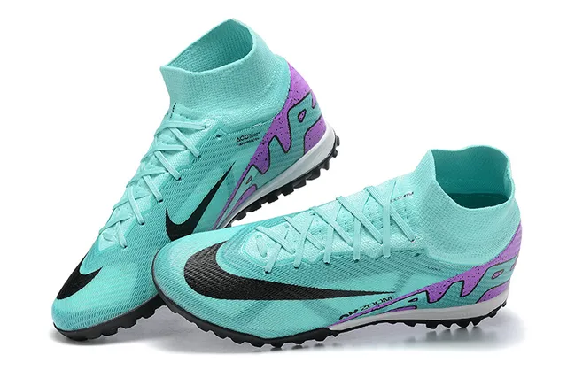 Nike Sapatos de futebol azul roxo de corte alto tricotado botina sola com tachas para gramado 2