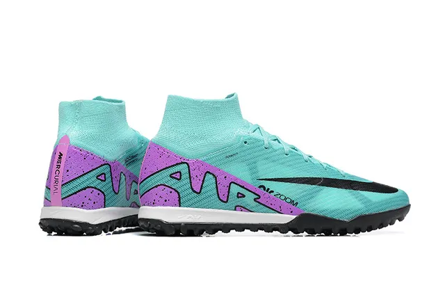 Nike Sapatos de futebol azul roxo de corte alto tricotado botina sola com tachas para gramado 6