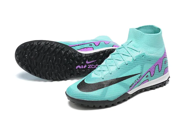 Nike Sapatos de futebol azul roxo de corte alto tricotado botina sola com tachas para gramado 7