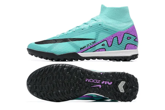 Nike Sapatos de futebol azul roxo de corte alto tricotado botina sola com tachas para gramado 9
