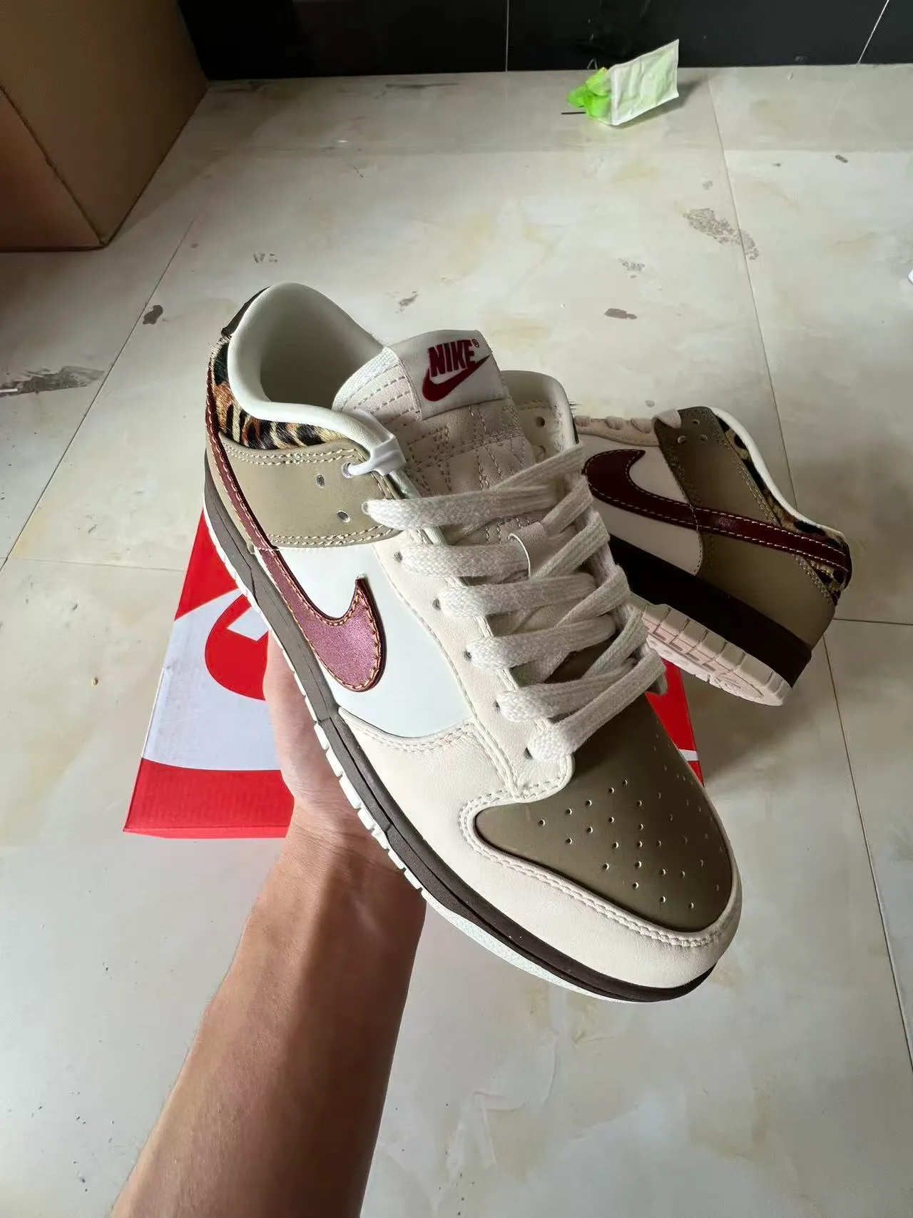 Nike Dunk Low Beige Maroon Leopard-Print Lifestyle Sneakers 2