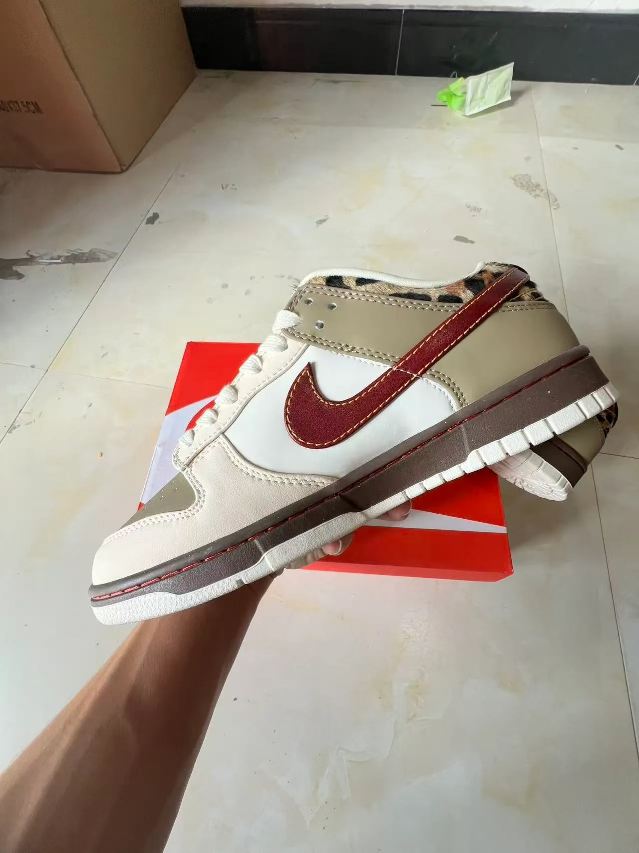 Nike Dunk Low Beige Maroon Leopard-Print Lifestyle Sneakers 5