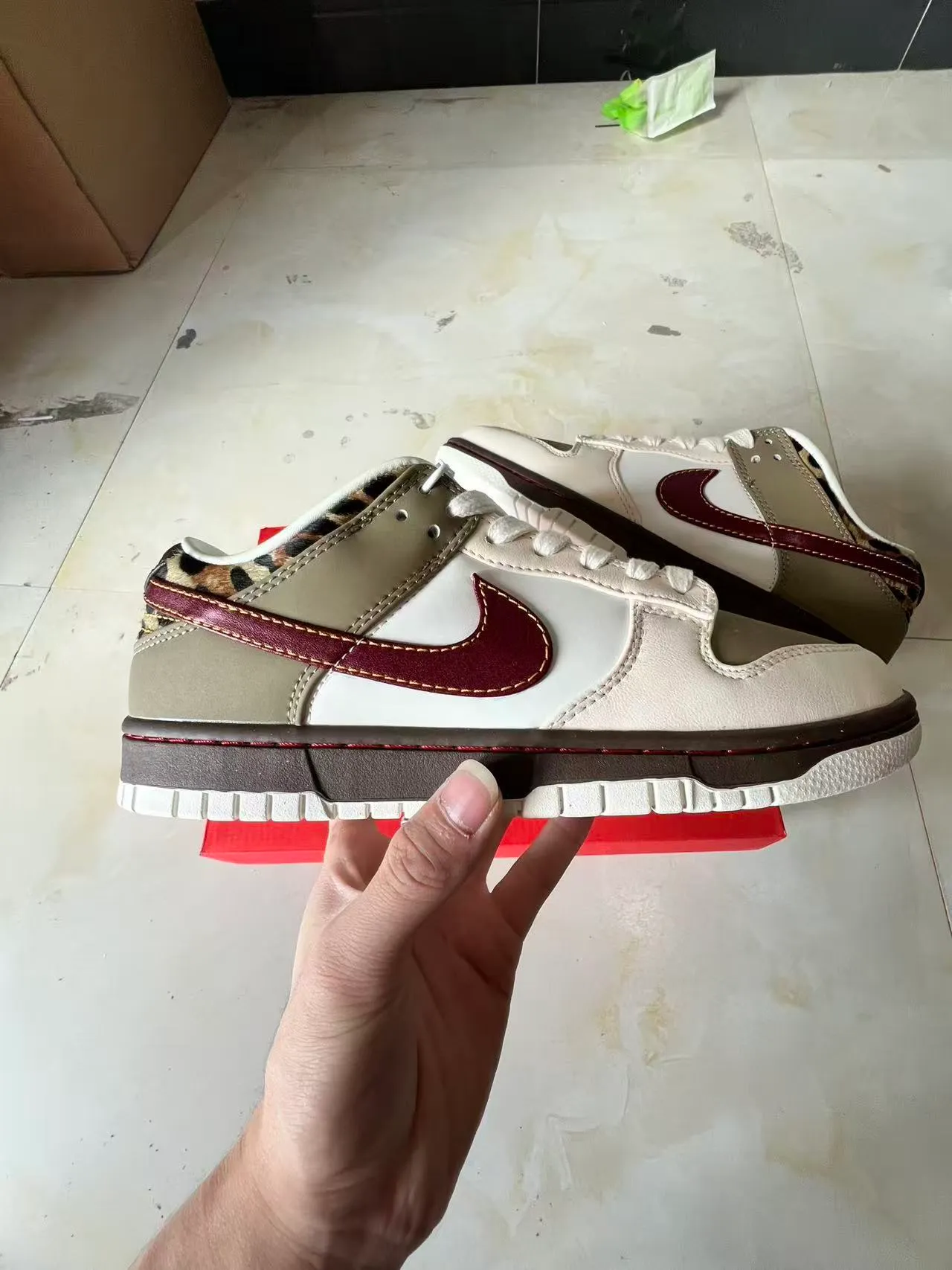 Nike Dunk Low Beige Maroon Leopard-Print Lifestyle Sneakers 7