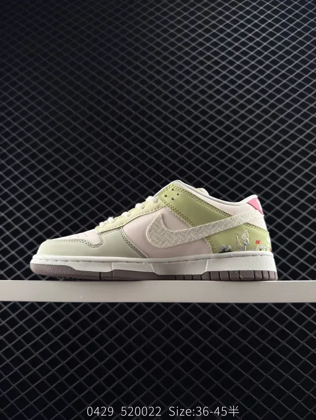 Nike Dunk Low Embroidered Floral Green Cream Lifestyle Sneakers 5