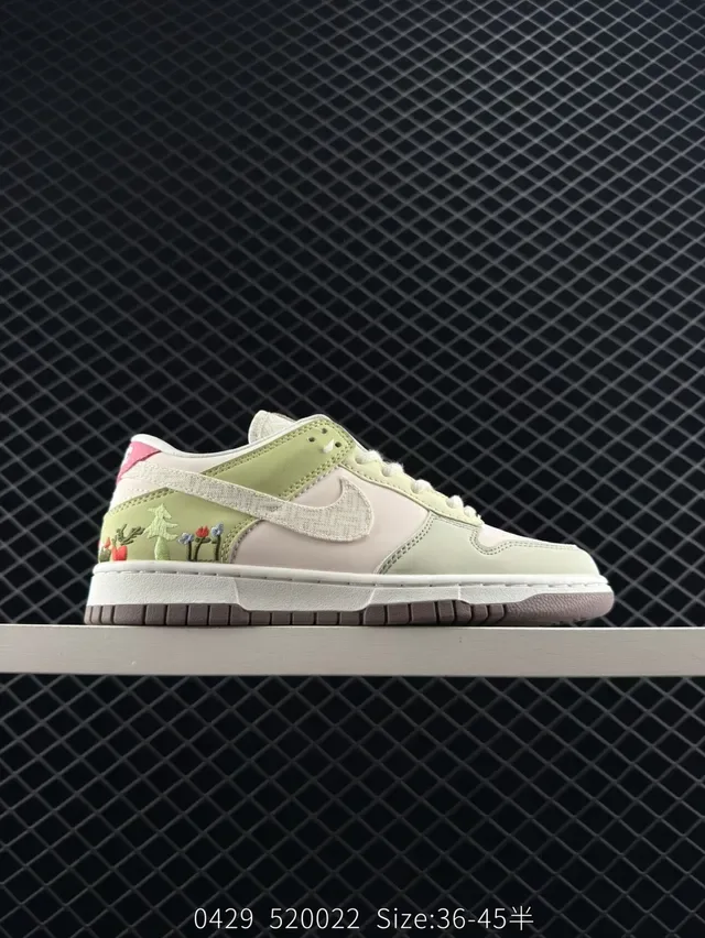 Nike Dunk Low Embroidered Floral Green Cream Lifestyle Sneakers 6