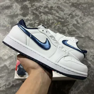 Nike Dunk Low White and Navy Metallic Swoosh Lifestyle Sneakers