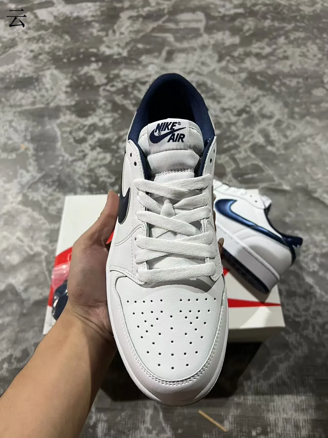 Nike Dunk Low White and Navy Metallic Swoosh Lifestyle Sneakers 3