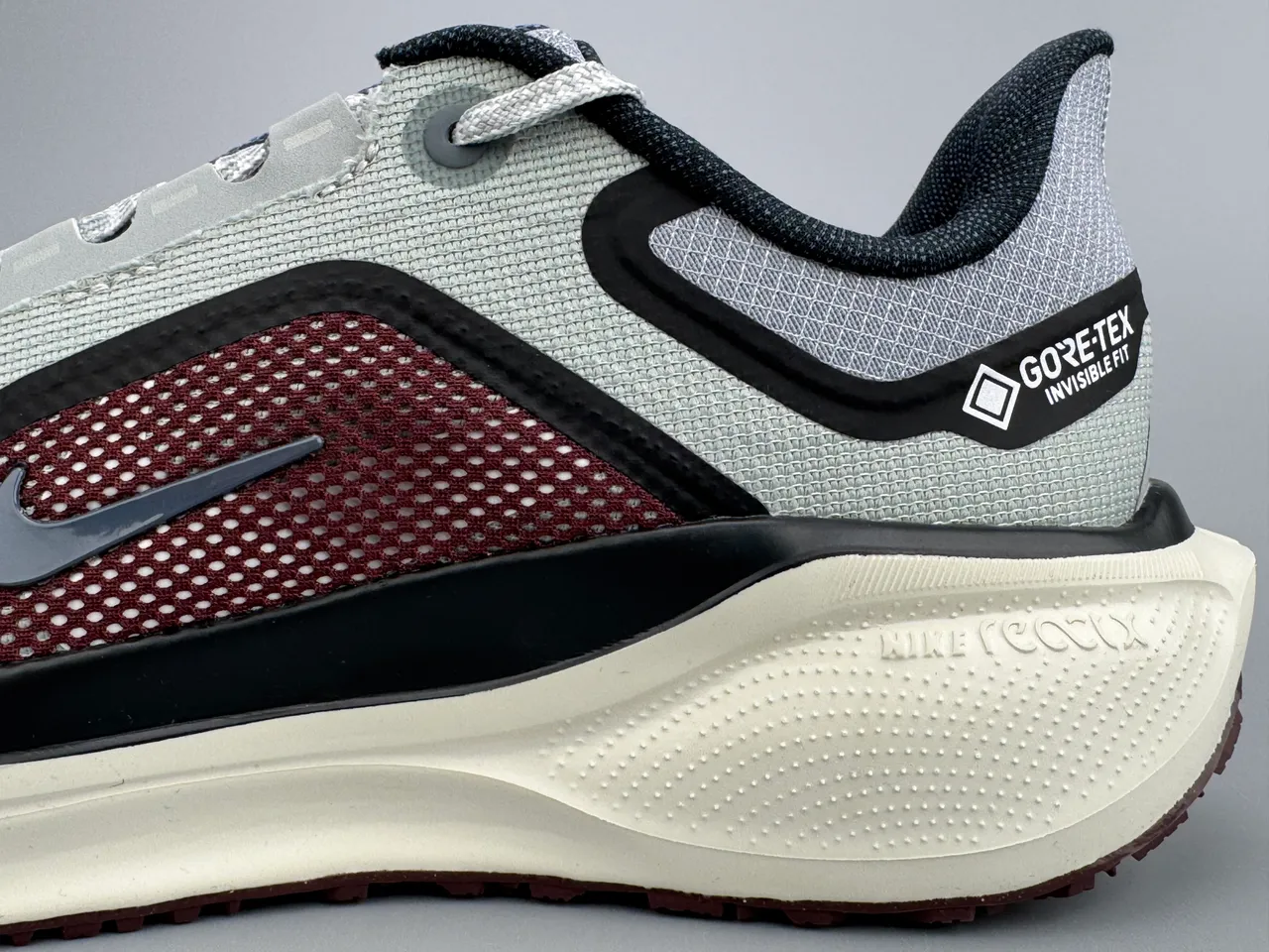Nike Gray Burgundy Engineered Mesh Upper Asymmetric Black Cage Overlay Running Shoes 3