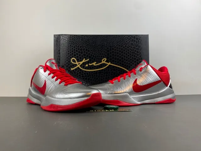 Nike Kobe Silver Red Metallic Synthetic Upper Accent Overlays Basketball Shoes 14
