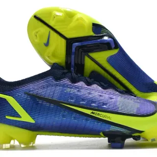 Nike Mercurial Azul Amarillo Bajo-Corte Ajuste Dinámico Colar Sistema de Cordones Asimétrico Ground Firme Zapatos de Fútbol