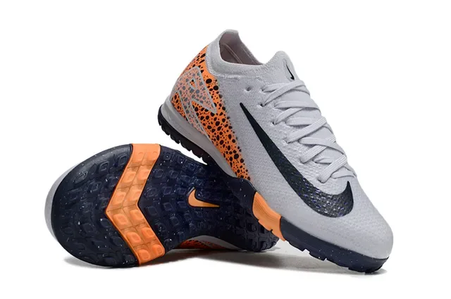 Nike Mercurial Chuteira de futebol Turf Cinza Laranja Knit Upper Speckled Overlay 2