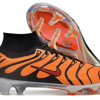 Nike Orange Black High-Cut Sock-Fit Collar Tiger-Stripe Overlay Pattern Firm-Ground Soccer Shoes