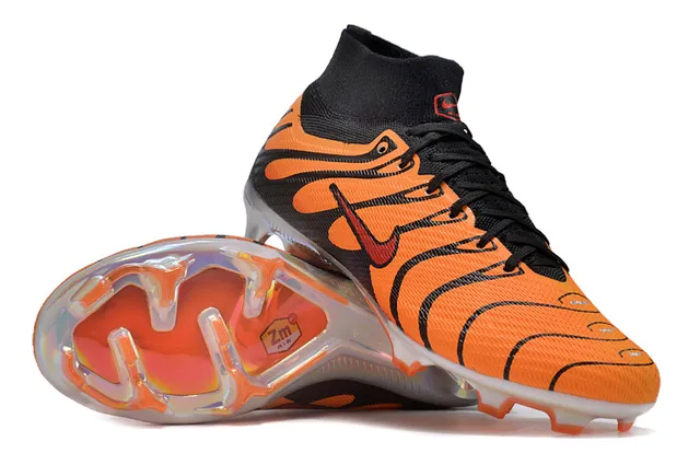 Nike Orange Black High-Cut Sock-Fit Collar Tiger-Stripe Overlay Pattern Firm-Ground Soccer Shoes 2