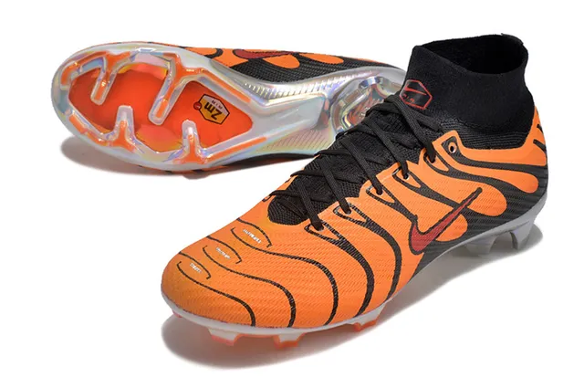 Nike Orange Black High-Cut Sock-Fit Collar Tiger-Stripe Overlay Pattern Firm-Ground Soccer Shoes 3