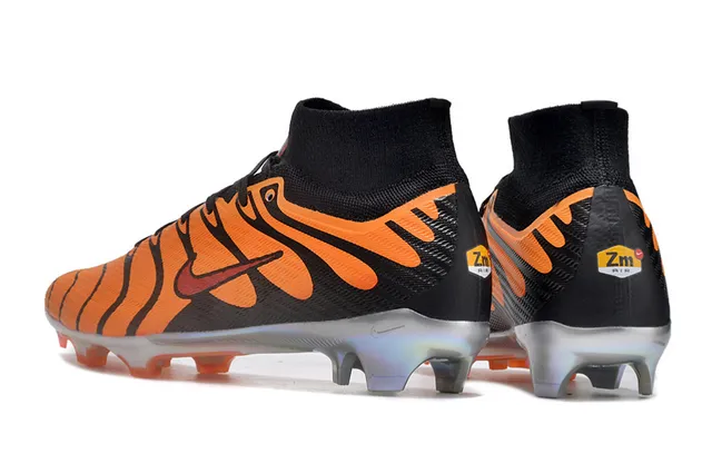 Nike Orange Black High-Cut Sock-Fit Collar Tiger-Stripe Overlay Pattern Firm-Ground Soccer Shoes 4