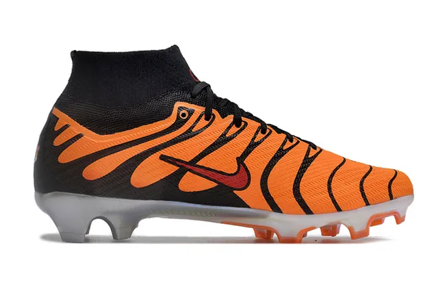 Nike Orange Black High-Cut Sock-Fit Collar Tiger-Stripe Overlay Pattern Firm-Ground Soccer Shoes 5