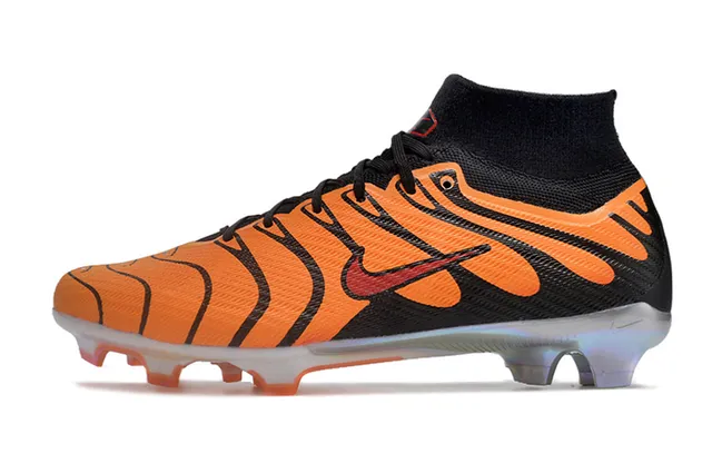Nike Orange Black High-Cut Sock-Fit Collar Tiger-Stripe Overlay Pattern Firm-Ground Soccer Shoes 6