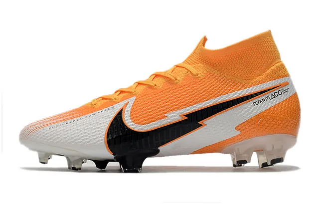 Nike Sapatos de futebol com upper knit laranja branco, cadarços assimétricos, para solo firme 5