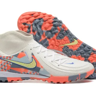 Nike Phantom GT सफेद बहुरंगी सॉक-फिट कॉलर ज्योमेट्रिक प्रिंट टर्फ फुटबॉल जूते