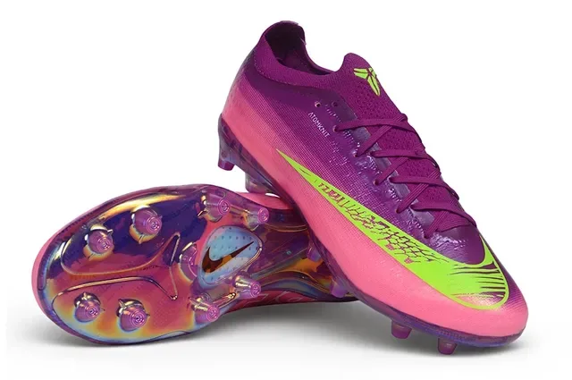 Nike حذاء كرة القدم مع تدرج قزحي الألوان الوردي والأرجواني وسووش نيون ليمون للأرضية الصلبة 3