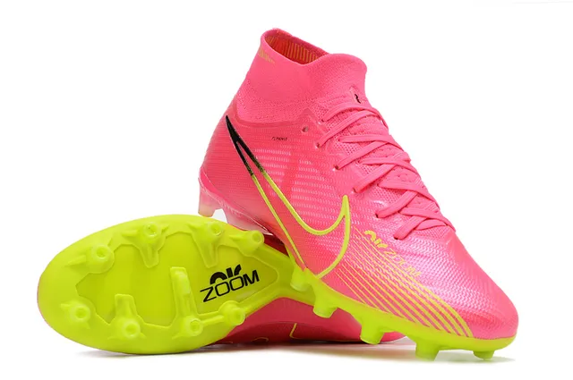 Nike Pink Yellow High-Cut Flyknit Upper Sock-Fit Collar Firm-Ground Soccer Shoes 3