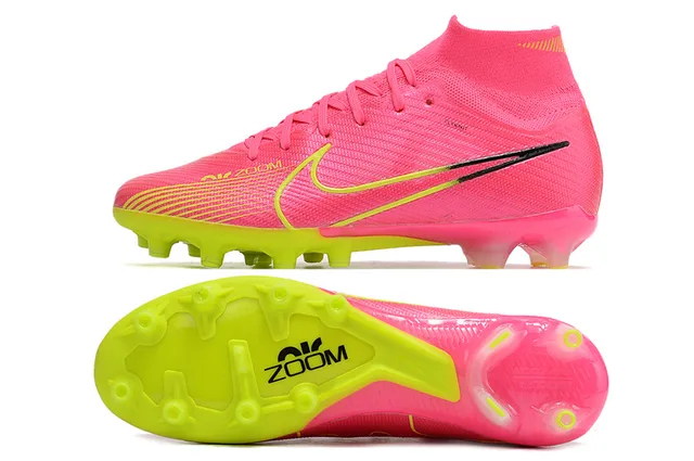 Nike Pink Yellow High-Cut Flyknit Upper Sock-Fit Collar Firm-Ground Soccer Shoes 5