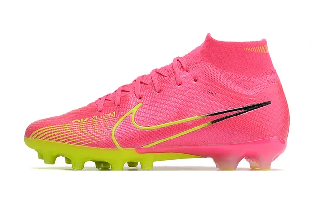 Nike Pink Yellow High-Cut Flyknit Upper Sock-Fit Collar Firm-Ground Soccer Shoes 8