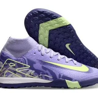 Nike Purple Green Knit Sock-Collar Upper Graphic Overlay Detailing Indoor Soccer Shoes