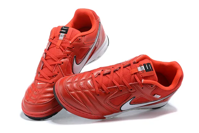 Nike Rouge Noir Cuir Matelassé Haut Col Bas Chaussures de Football Indoor 4
