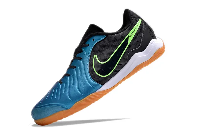 Nike Tiempo Preto Azul Low-Top Malla e Sintético Superior Sapatos de Futebol Indoor 3