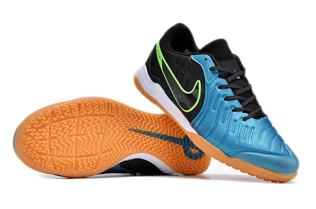 Nike Tiempo Preto Azul Low-Top Malla e Sintético Superior Sapatos de Futebol Indoor 4