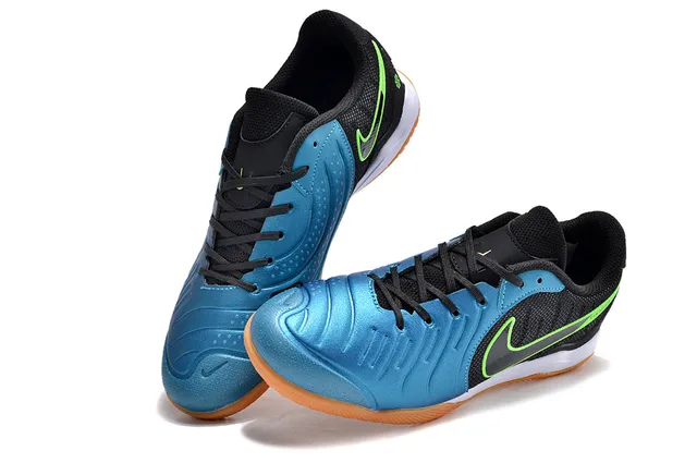 Nike Tiempo Preto Azul Low-Top Malla e Sintético Superior Sapatos de Futebol Indoor 7
