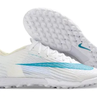 Nike White Blue Flyweave Engineered Mesh Cyan Swoosh Accent Turf Soccer Shoes