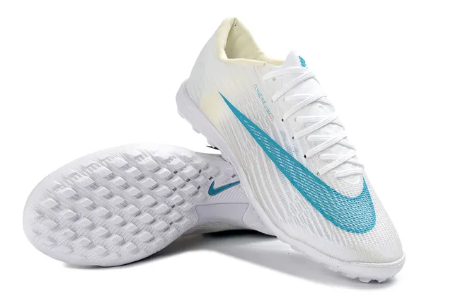 Nike White Blue Flyweave Engineered Mesh Cyan Swoosh Accent Turf Soccer Shoes 4
