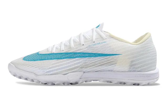 Nike White Blue Flyweave Engineered Mesh Cyan Swoosh Accent Turf Soccer Shoes 7