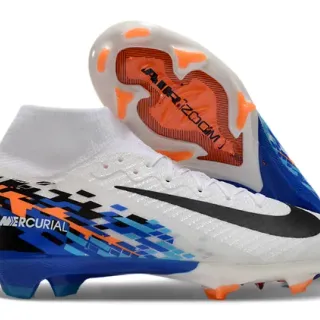 Nike White Blue Sock-Fit Collar Pixelated Graphic Overlay Firm-Ground Soccer Shoes