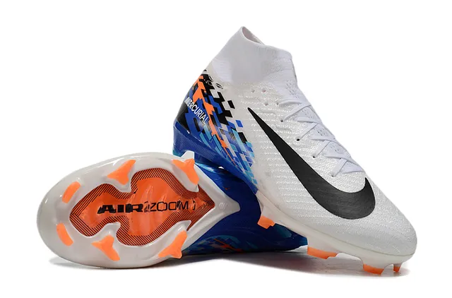 Nike White Blue Sock-Fit Collar Pixelated Graphic Overlay Firm-Ground Soccer Shoes 3