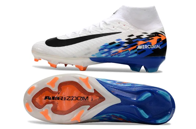 Nike White Blue Sock-Fit Collar Pixelated Graphic Overlay Firm-Ground Soccer Shoes 5