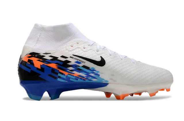 Nike White Blue Sock-Fit Collar Pixelated Graphic Overlay Firm-Ground Soccer Shoes 7