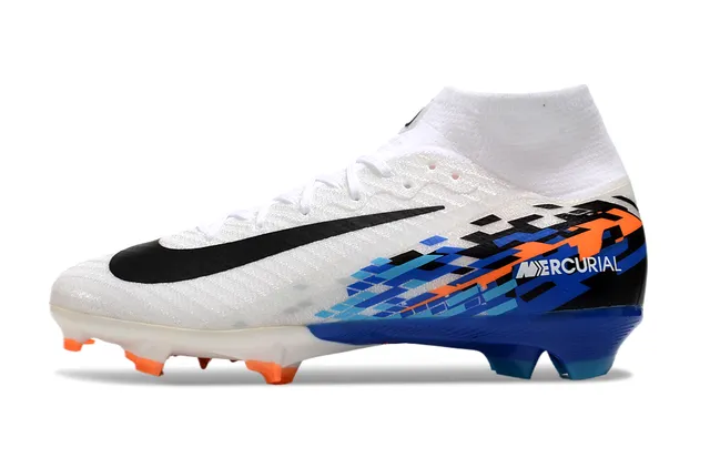 Nike White Blue Sock-Fit Collar Pixelated Graphic Overlay Firm-Ground Soccer Shoes 8